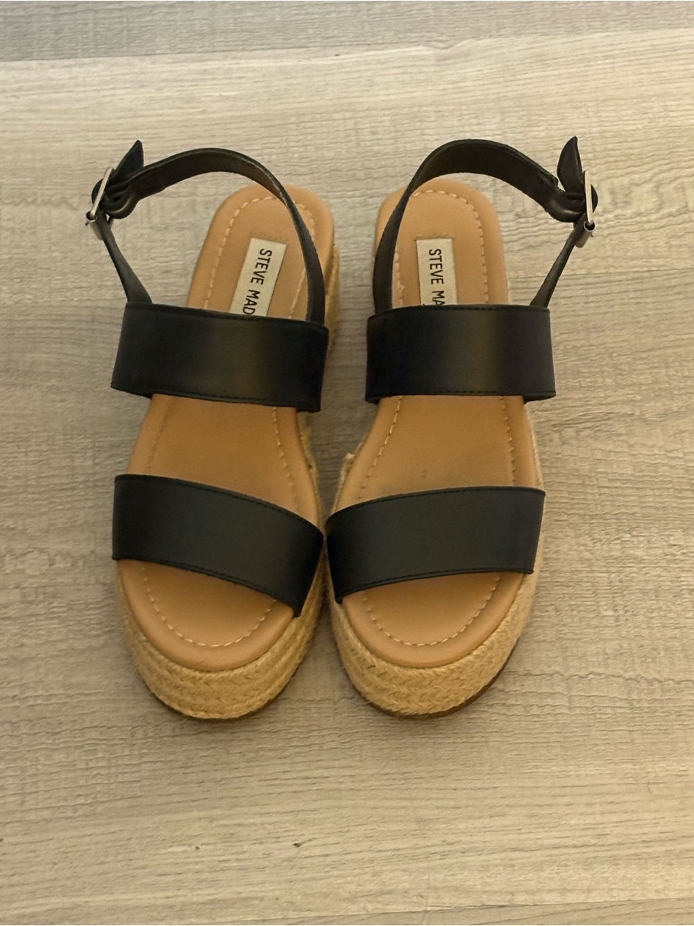 Steve Madden Black Espadrille Platform Sandals with Tan Footbed